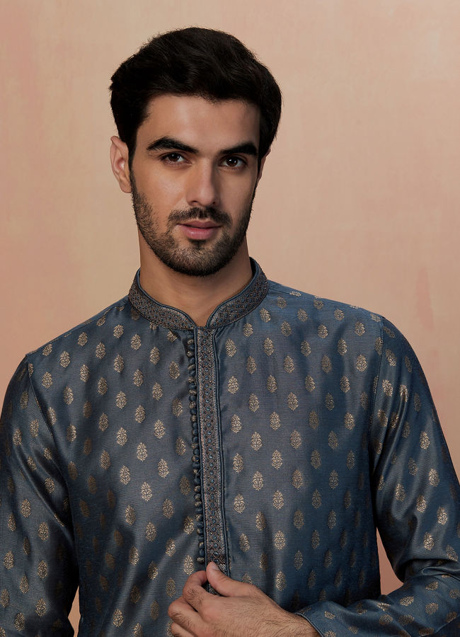 Grey Kurta Pajama With Golden Motif image number 0